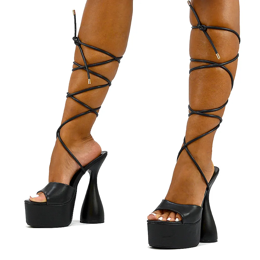 Celeste Lace Up Peep Toe Platform Sculptured Cylinder High Heel Sandals in Black Synthetic Leather