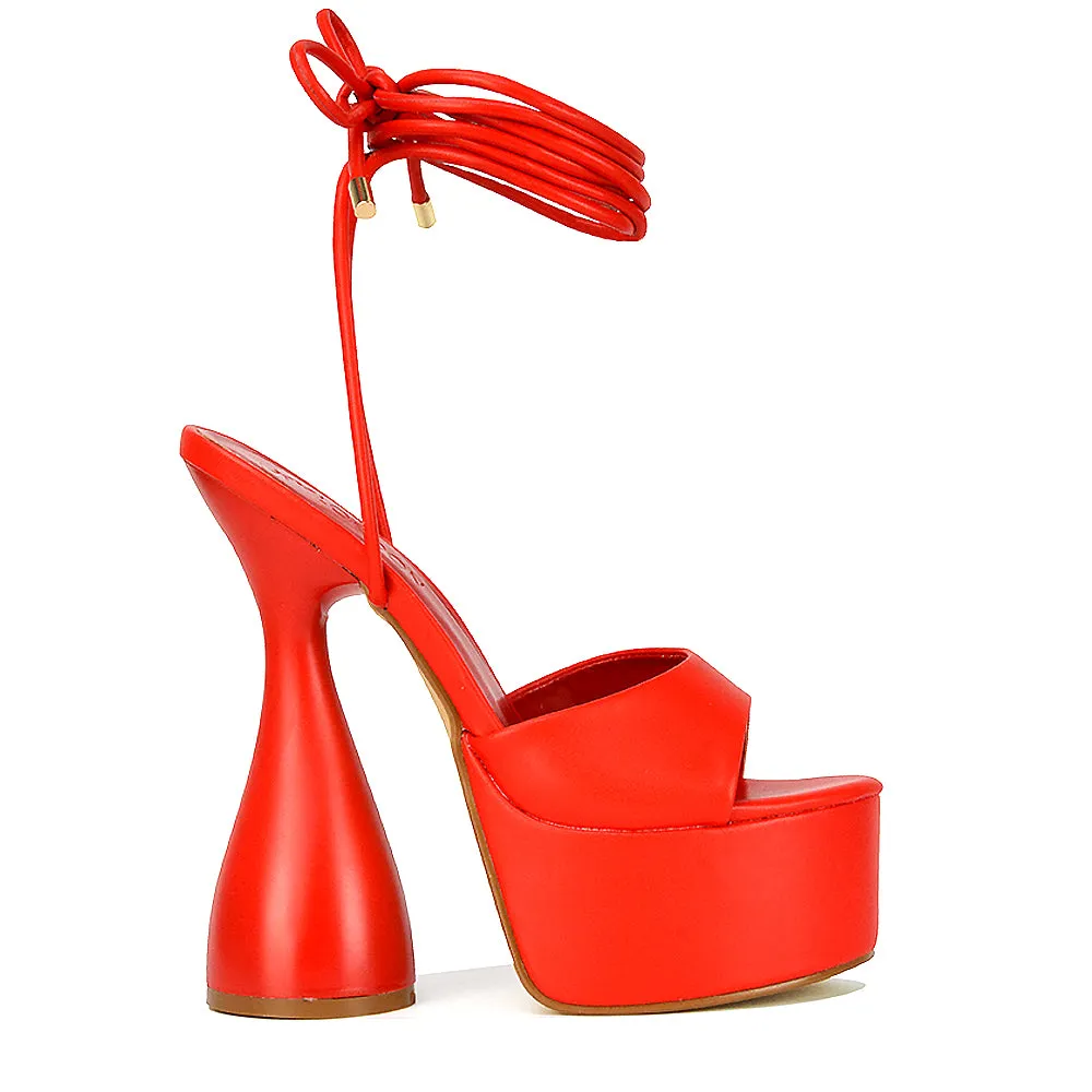 Celeste Lace Up Peep Toe Platform Sculptured Cylinder High Heel Sandals in Red Synthetic Leather