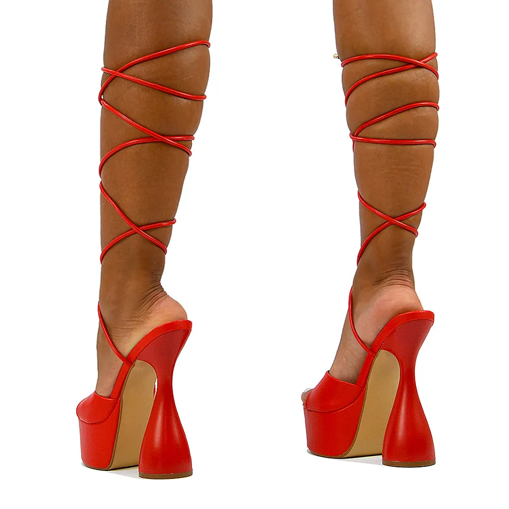 Celeste Lace Up Peep Toe Platform Sculptured Cylinder High Heel Sandals in Red Synthetic Leather