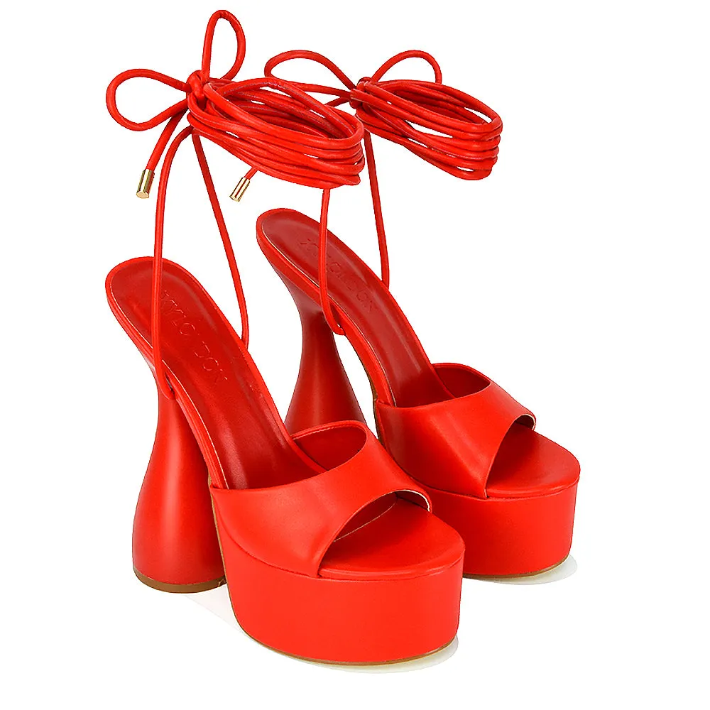 Celeste Lace Up Peep Toe Platform Sculptured Cylinder High Heel Sandals in Red Synthetic Leather