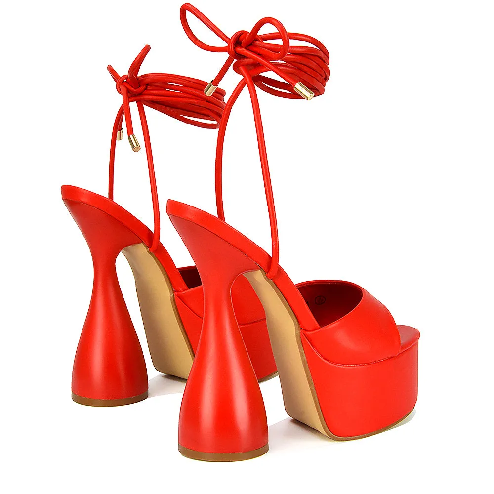 Celeste Lace Up Peep Toe Platform Sculptured Cylinder High Heel Sandals in Red Synthetic Leather