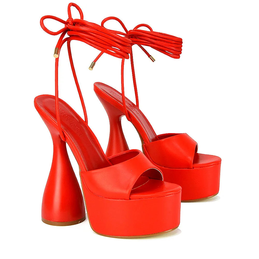 Celeste Lace Up Peep Toe Platform Sculptured Cylinder High Heel Sandals in Red Synthetic Leather