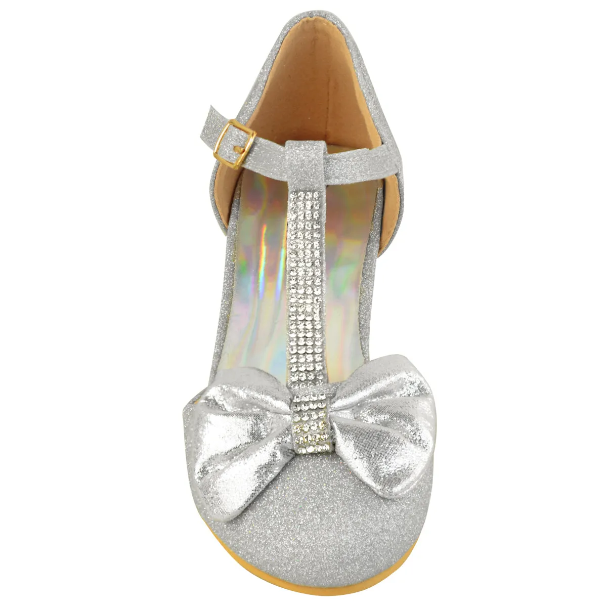 CHAVA KIDS MID HIGH HEEL SANDALS WITH BOW & DIAMANTE DETAIL IN SILVER GLITTER