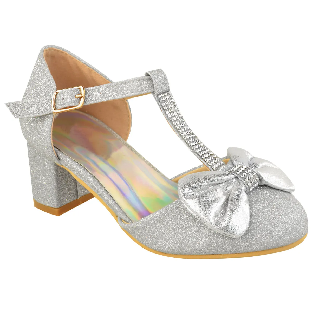 CHAVA KIDS MID HIGH HEEL SANDALS WITH BOW & DIAMANTE DETAIL IN SILVER GLITTER