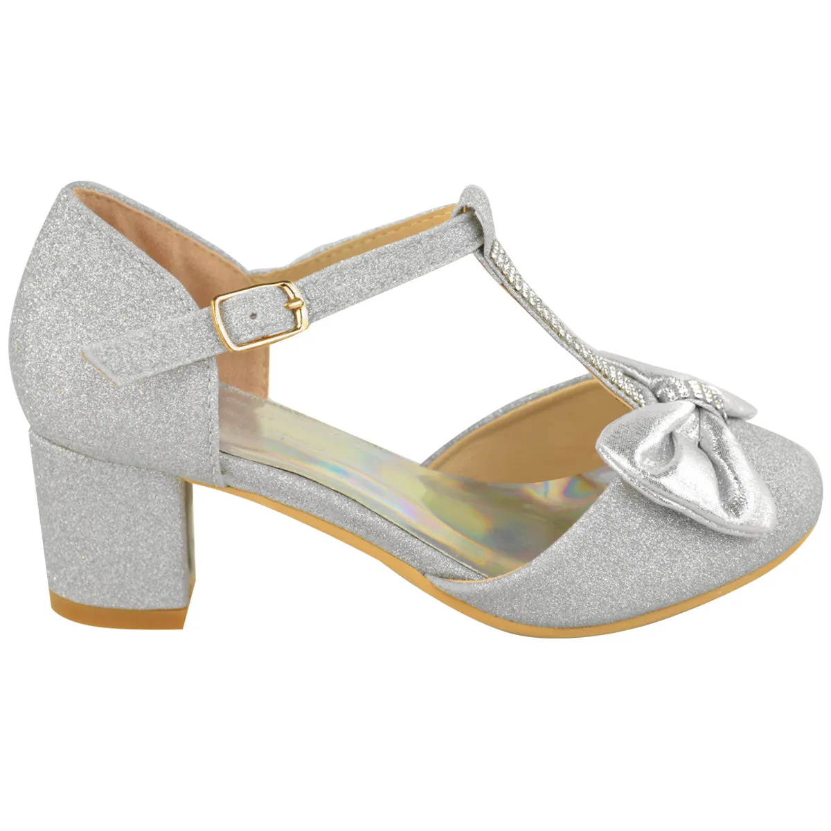 CHAVA KIDS MID HIGH HEEL SANDALS WITH BOW & DIAMANTE DETAIL IN SILVER GLITTER