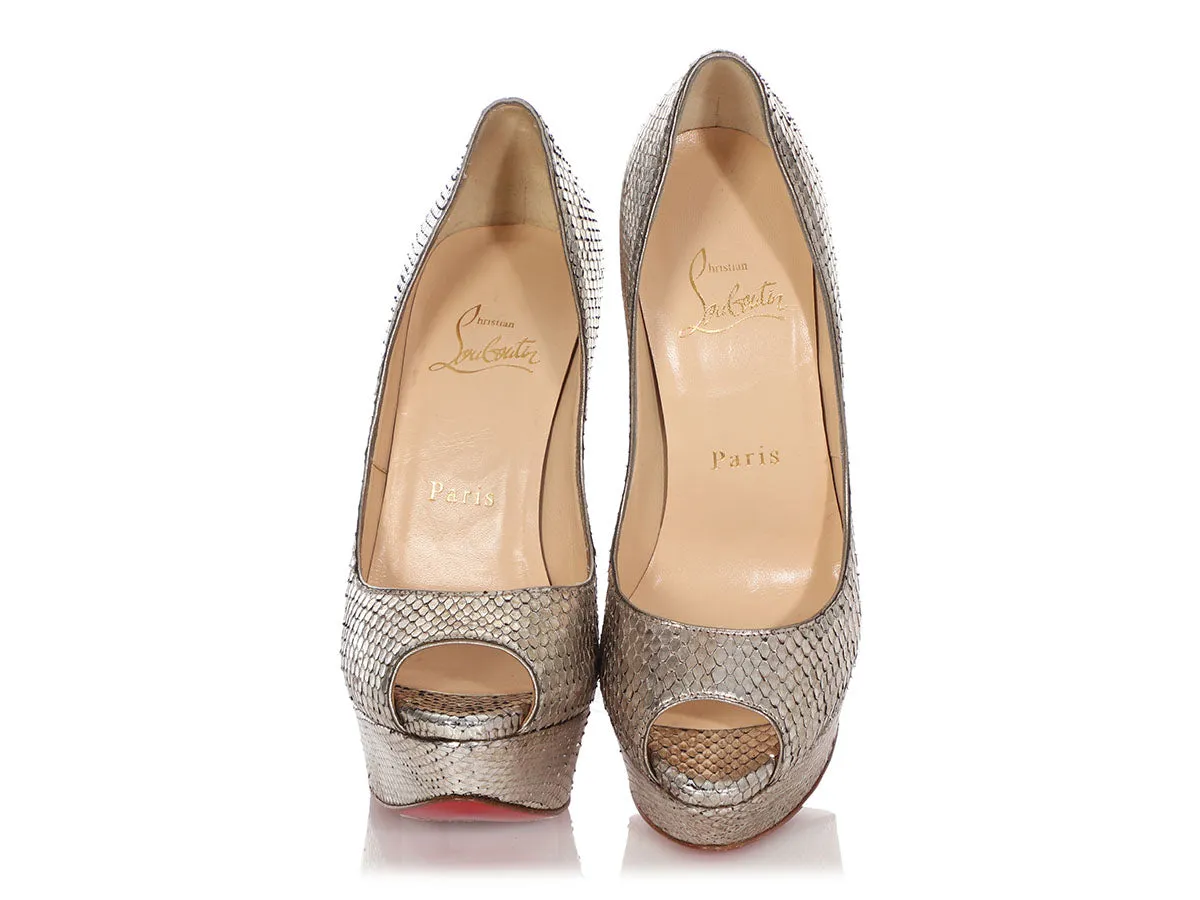 Christian Louboutin Antique Silver Snakeskin Lady Peep Pumps