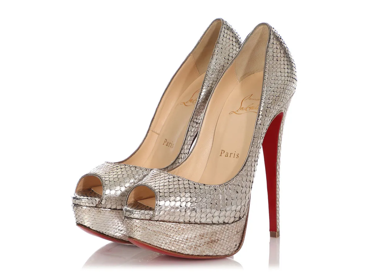 Christian Louboutin Antique Silver Snakeskin Lady Peep Pumps