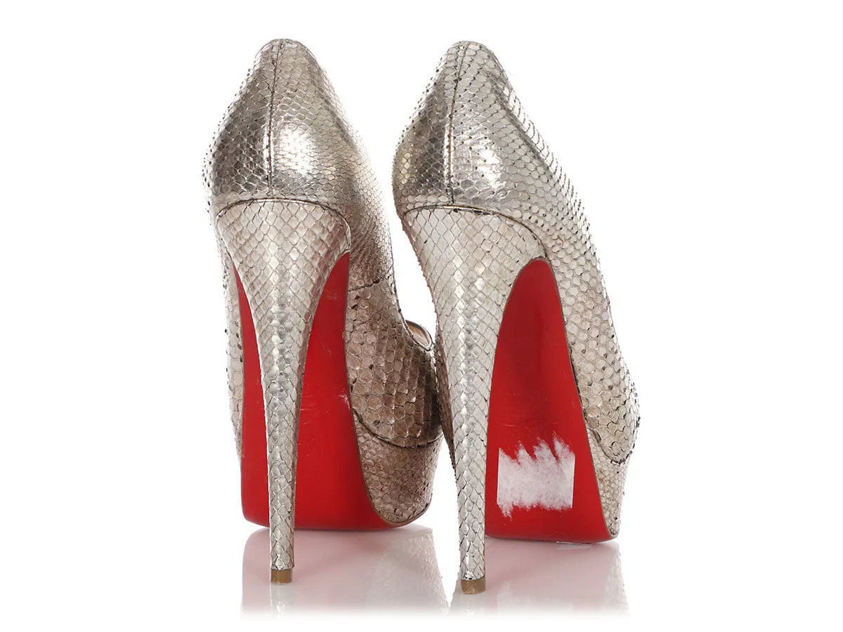 Christian Louboutin Antique Silver Snakeskin Lady Peep Pumps