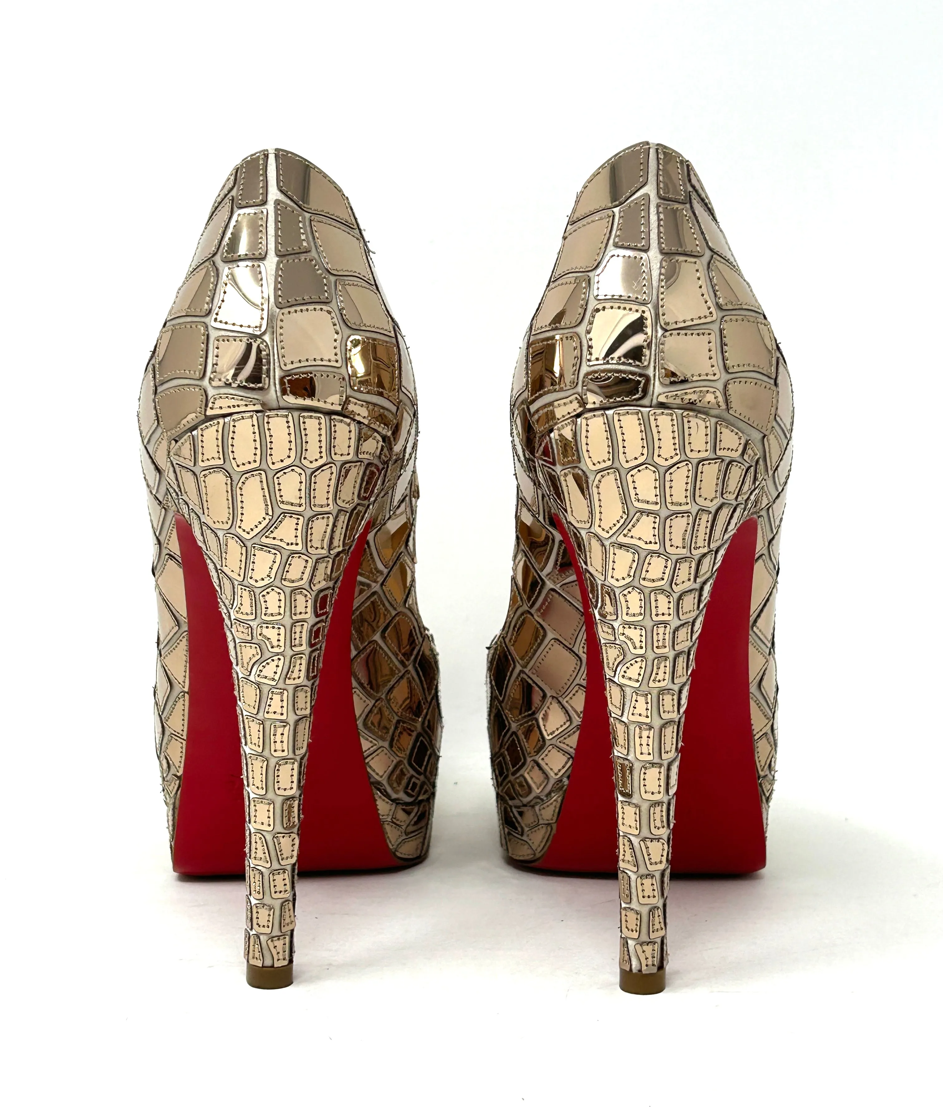 Christian Louboutin Sobek 140 Gold Patent Satin Mirror Effect Peep Toe Heels 39 UK 6