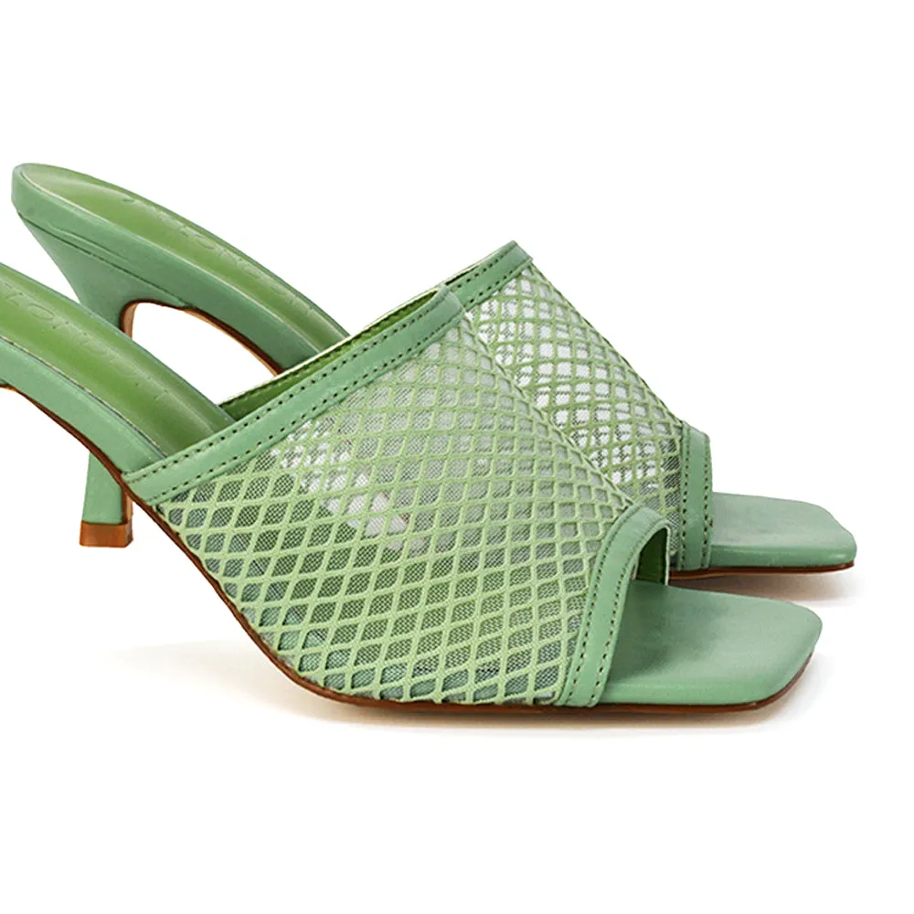 Cici Mesh Panel Square Toe Stiletto High Heel Mule Sandals in Mint Synthetic Leather