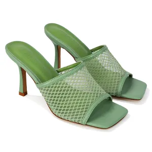 Cici Mesh Panel Square Toe Stiletto High Heel Mule Sandals in Mint Synthetic Leather