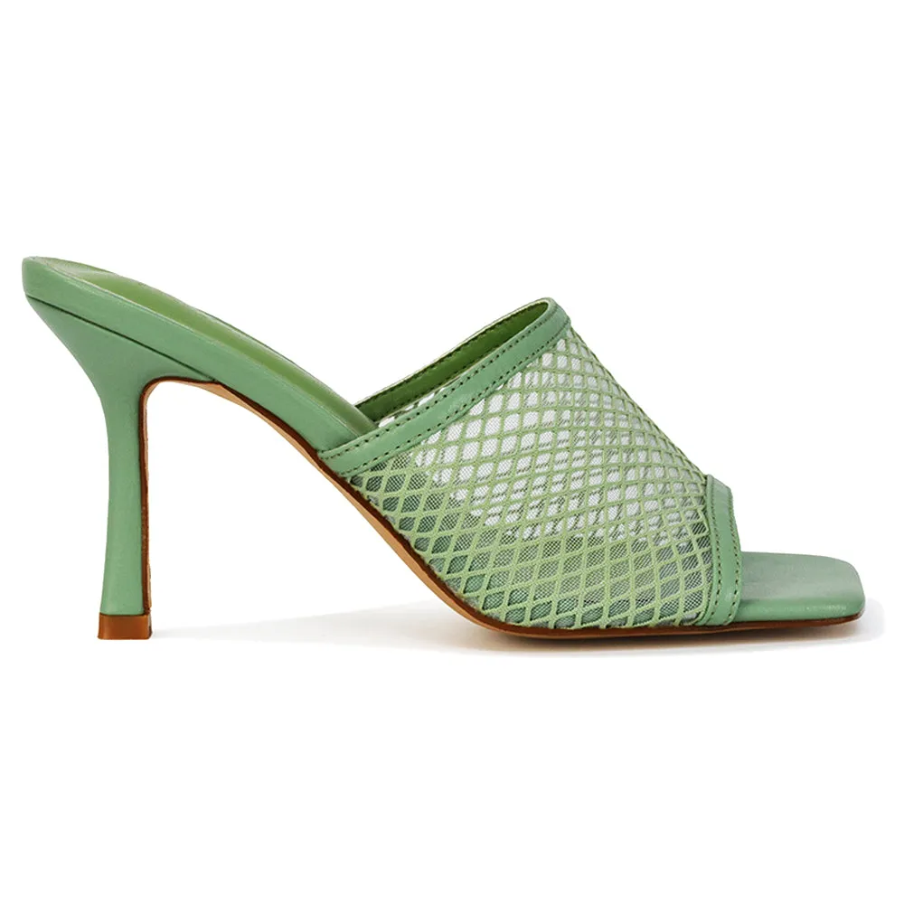 Cici Mesh Panel Square Toe Stiletto High Heel Mule Sandals in Mint Synthetic Leather