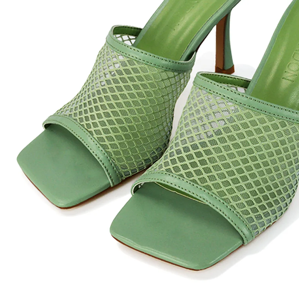 Cici Mesh Panel Square Toe Stiletto High Heel Mule Sandals in Mint Synthetic Leather