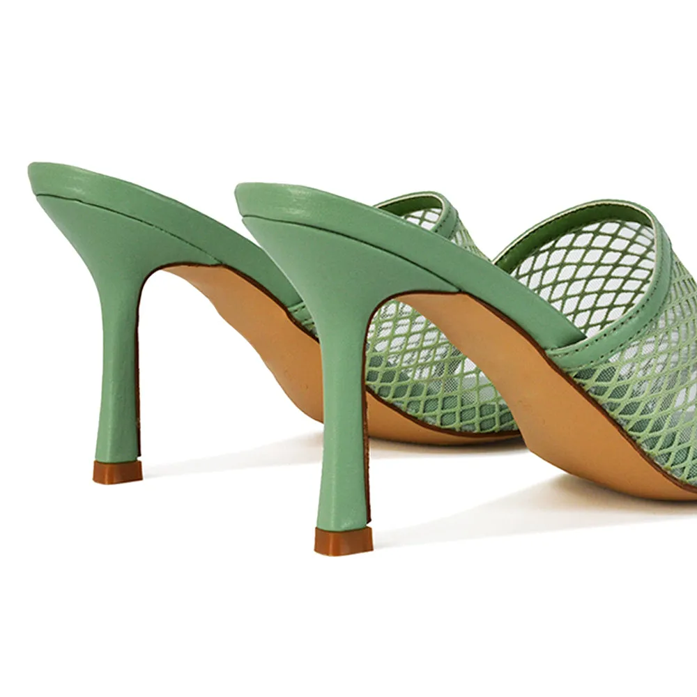 Cici Mesh Panel Square Toe Stiletto High Heel Mule Sandals in Mint Synthetic Leather