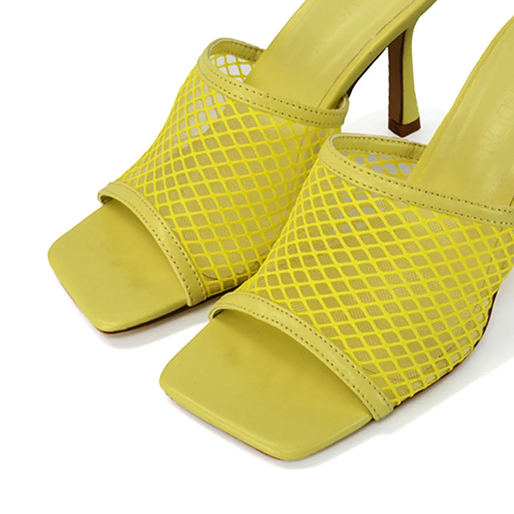 Cici Mesh Panel Square Toe Stiletto High Heel Mule Sandals in Yellow Synthetic Leather