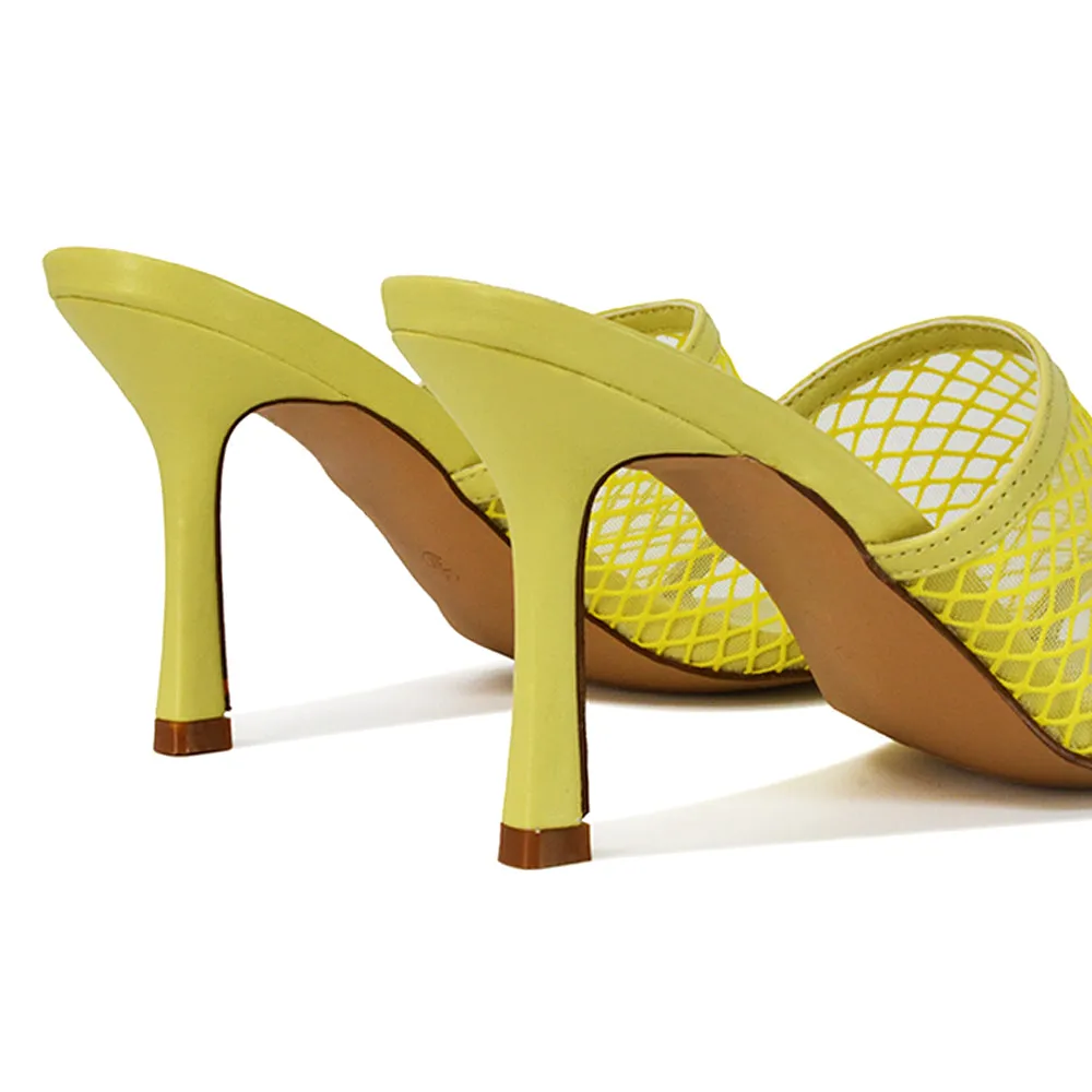 Cici Mesh Panel Square Toe Stiletto High Heel Mule Sandals in Yellow Synthetic Leather