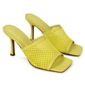 Cici Mesh Panel Square Toe Stiletto High Heel Mule Sandals in Yellow Synthetic Leather