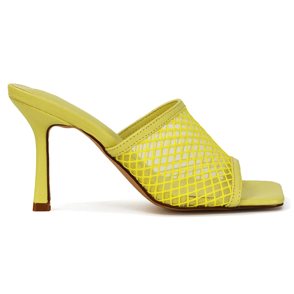 Cici Mesh Panel Square Toe Stiletto High Heel Mule Sandals in Yellow Synthetic Leather