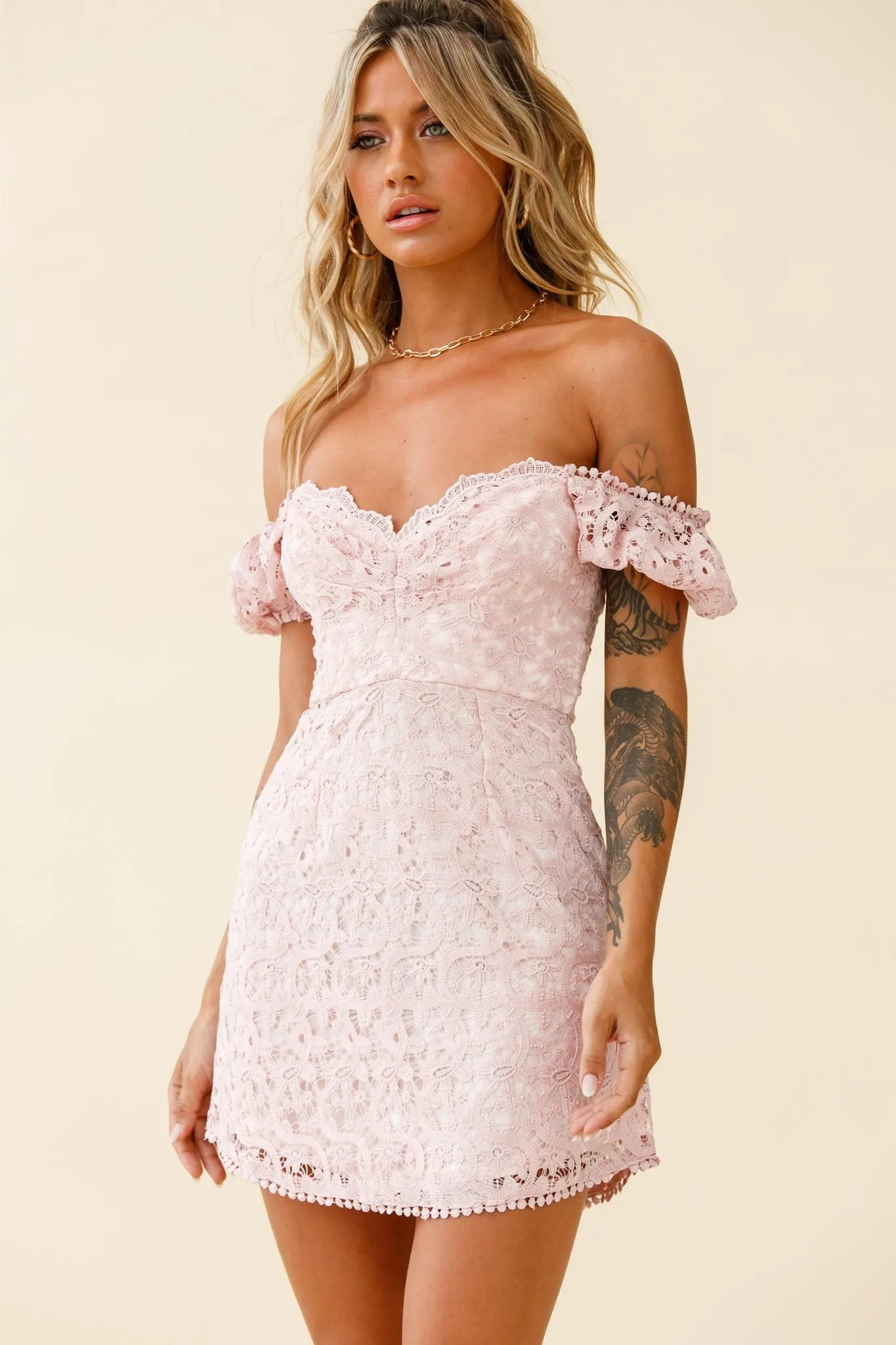 Costa Mesa Puff Sleeve Lace Overlay Dress Pink