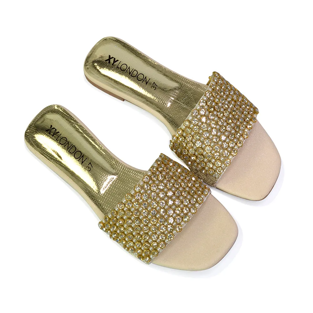 Daisy-Jones Slip On Slider Diamante Flat Sandals With Square Toe in Pink