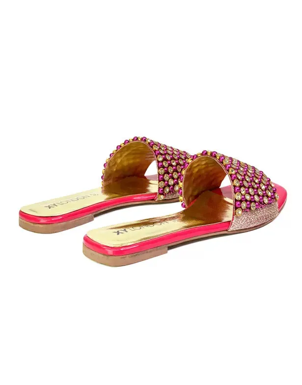 Daisy-Jones Slip On Slider Diamante Flat Sandals With Square Toe in Pink