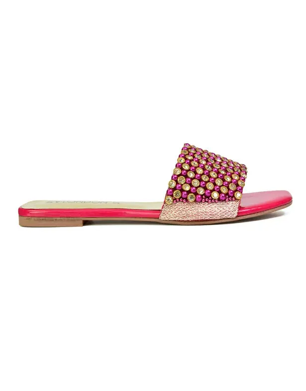 Daisy-Jones Slip On Slider Diamante Flat Sandals With Square Toe in Pink