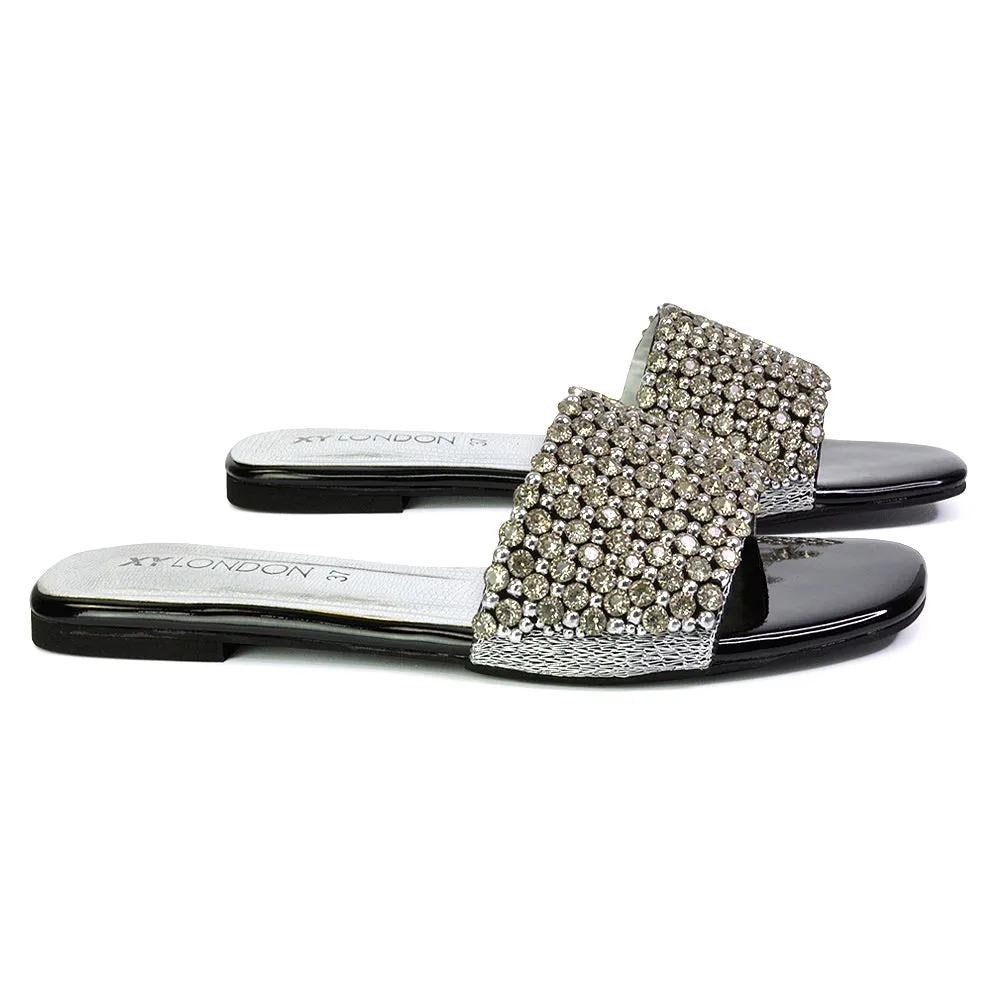 Daisy-Jones Slip On Slider Diamante Flat Sandals With Square Toe in Pink