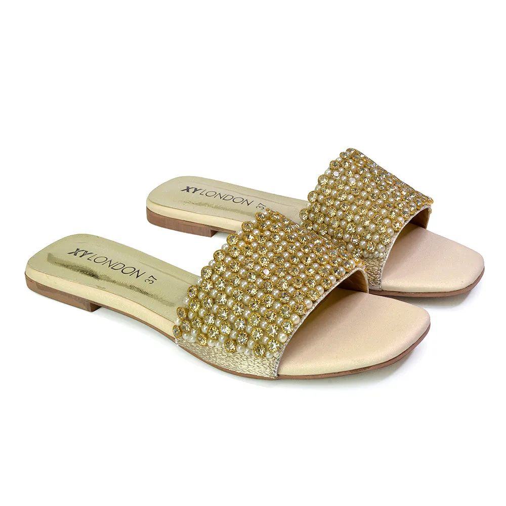 Daisy-Jones Slip On Slider Diamante Flat Sandals With Square Toe in Pink