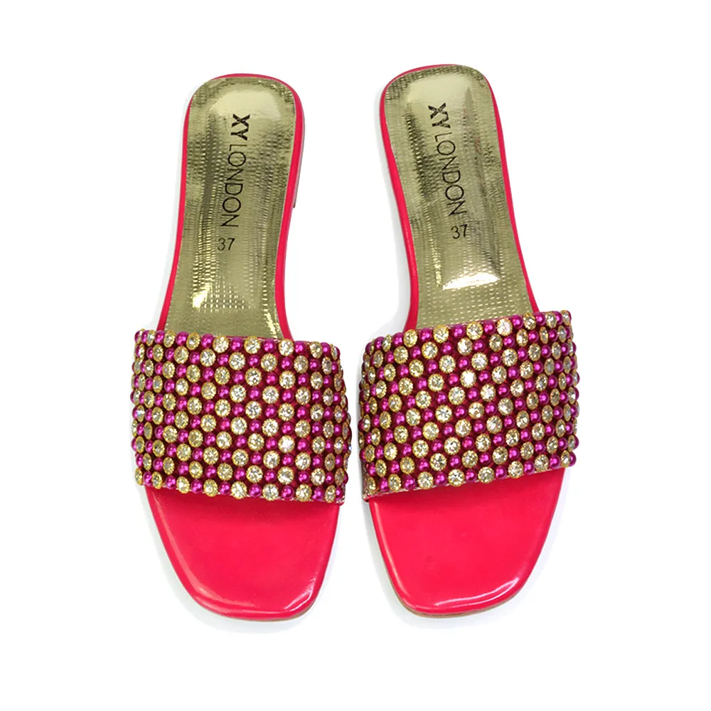 Daisy-Jones Slip On Slider Diamante Flat Sandals With Square Toe in Pink