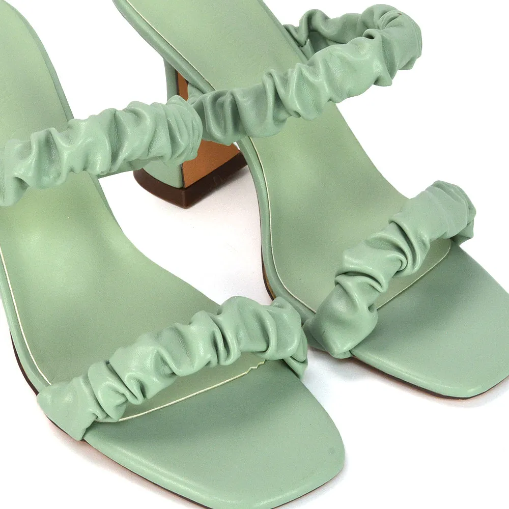 DAPHNE RUCHED DOUBLE STRAP SQUARE TOE SLIP ON SCULPTURED HIGH HEEL SANDALS IN MINT