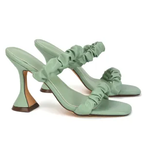 DAPHNE RUCHED DOUBLE STRAP SQUARE TOE SLIP ON SCULPTURED HIGH HEEL SANDALS IN MINT