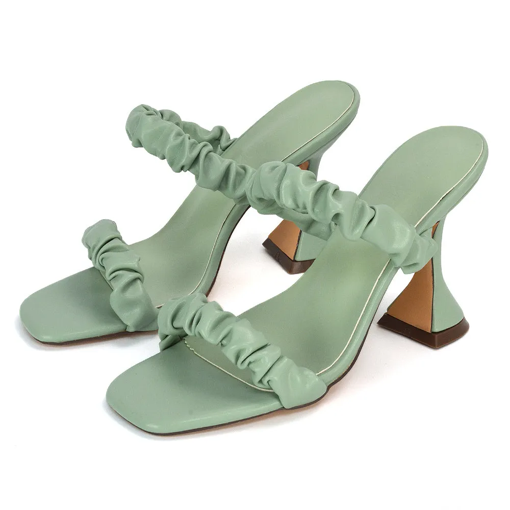 DAPHNE RUCHED DOUBLE STRAP SQUARE TOE SLIP ON SCULPTURED HIGH HEEL SANDALS IN MINT