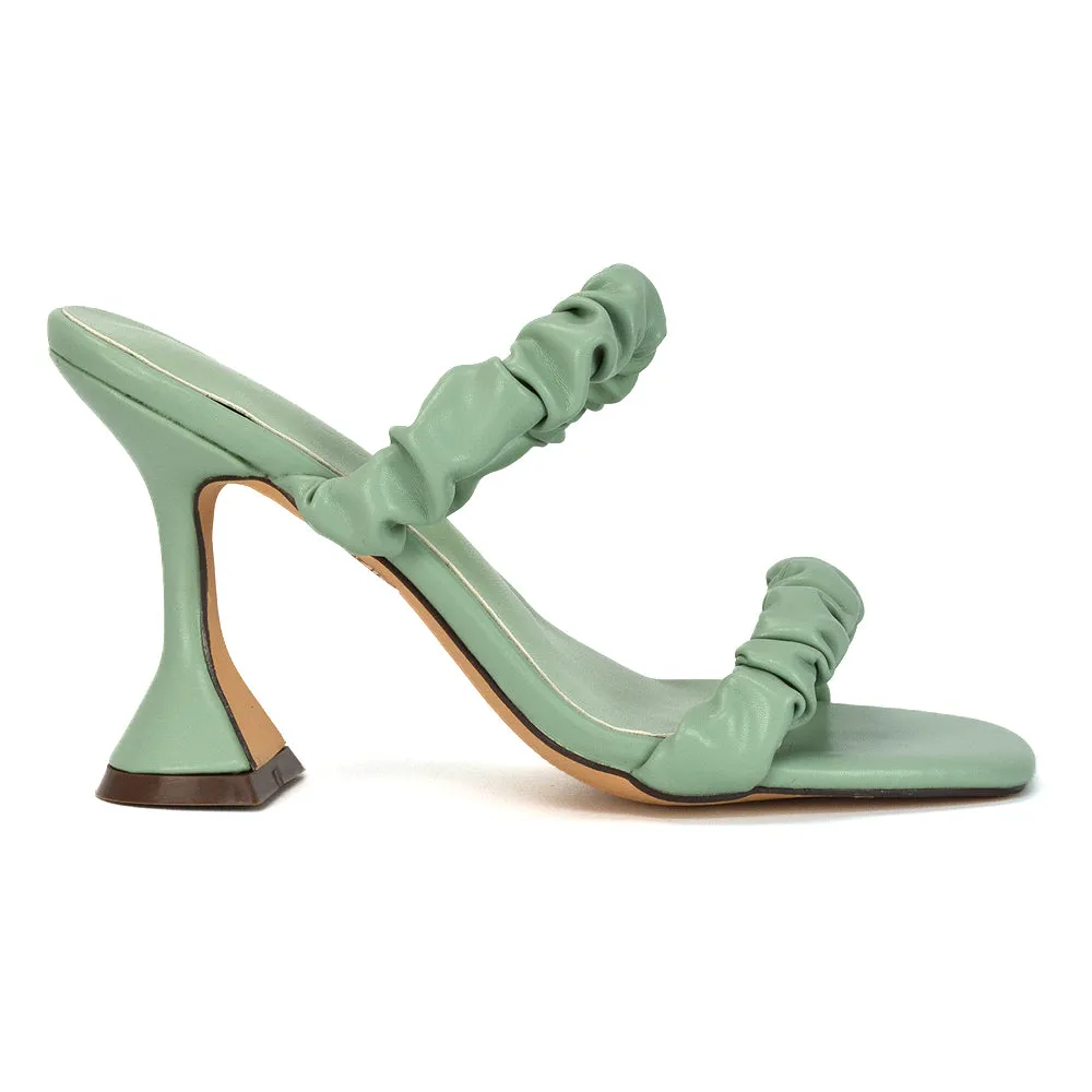 DAPHNE RUCHED DOUBLE STRAP SQUARE TOE SLIP ON SCULPTURED HIGH HEEL SANDALS IN MINT