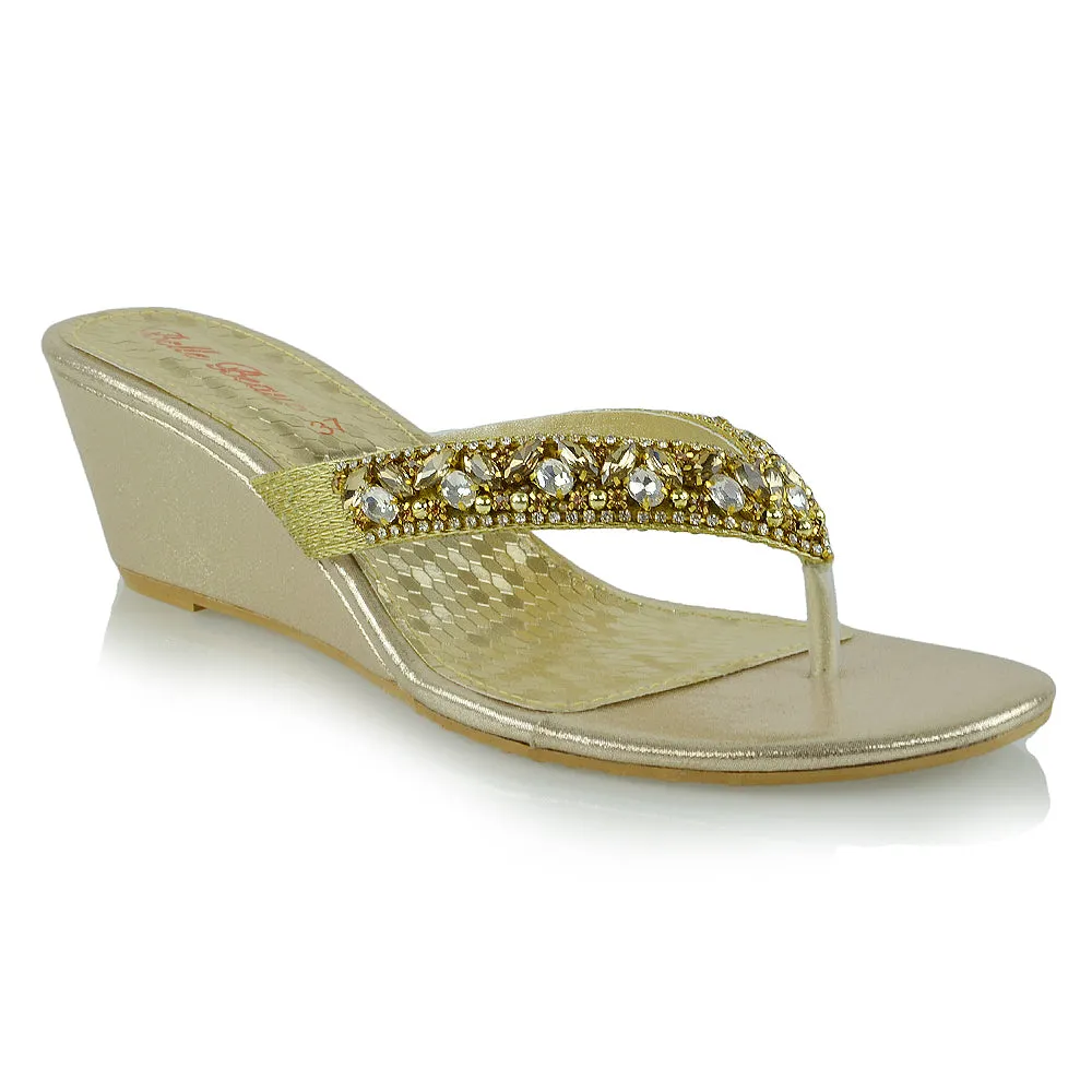 DELILAH TOE POST FRONT DIAMANTE STRAPPY WEDGE LOW MID HEEL THONG SANDALS IN GOLD