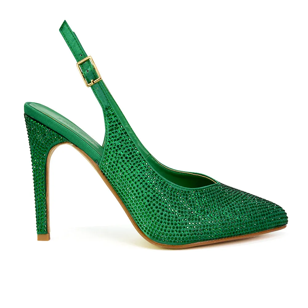 Divine Diamante Pointed Toe Slingback Bridal High Heel Stilettos in Green