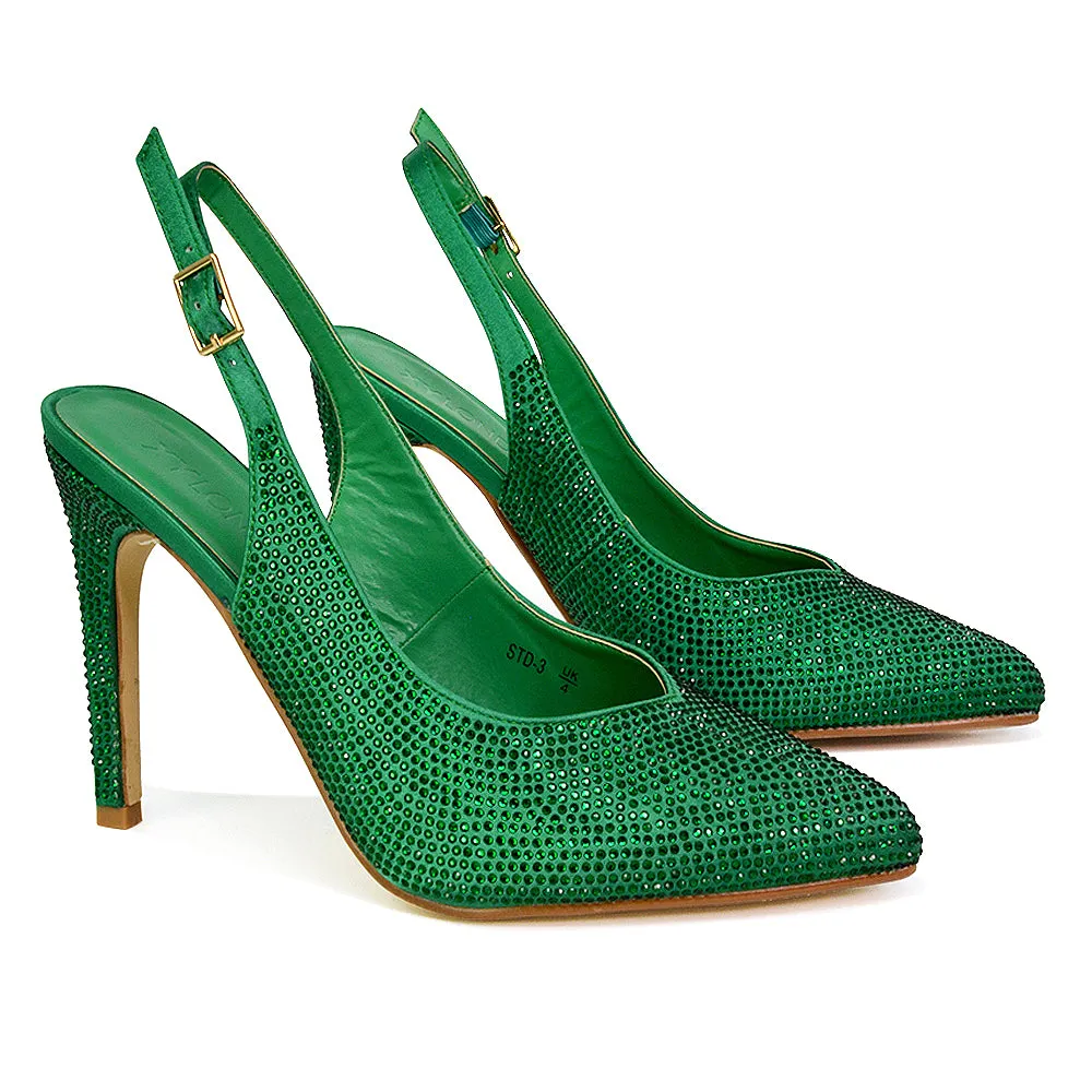 Divine Diamante Pointed Toe Slingback Bridal High Heel Stilettos in Green