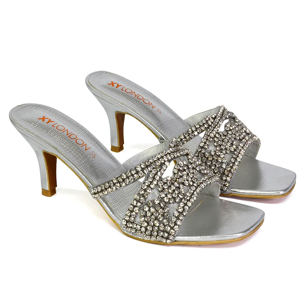 Dominica Diamante Low Kitten High Heel Stiletto Heeled Mule Sandals in Gold