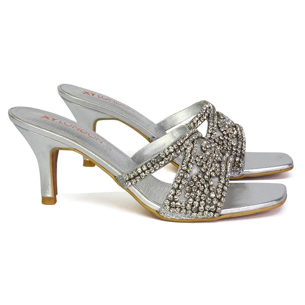 Dominica Diamante Low Kitten High Heel Stiletto Heeled Mule Sandals in Gold