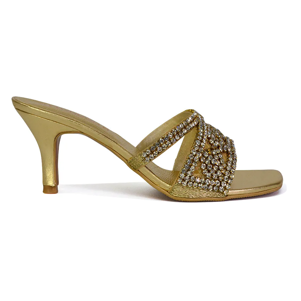 Dominica Diamante Low Kitten High Heel Stiletto Heeled Mule Sandals in Gold