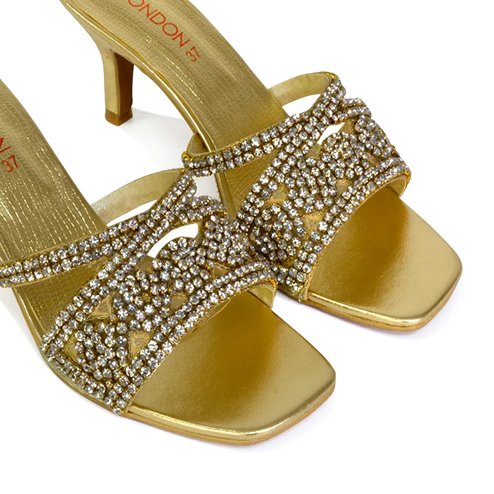 Dominica Diamante Low Kitten High Heel Stiletto Heeled Mule Sandals in Gold