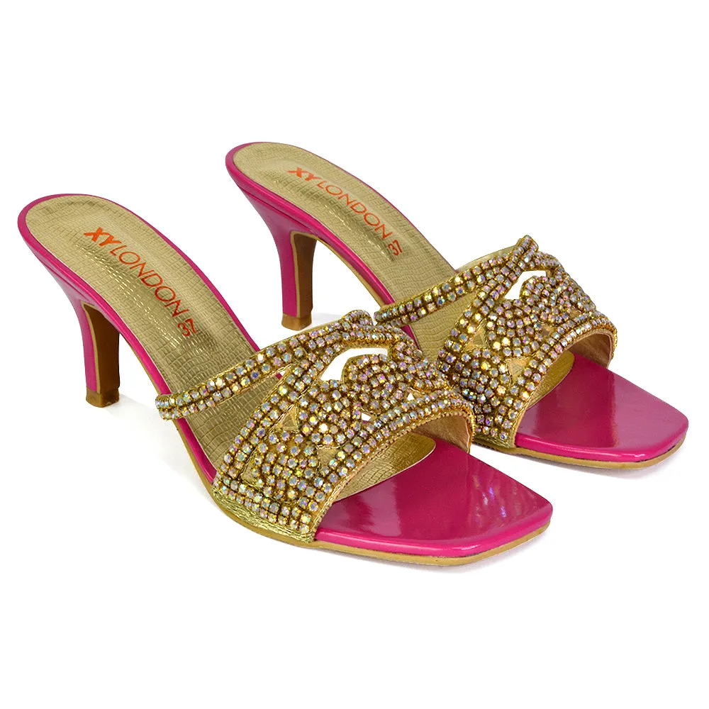 Dominica Diamante Low Kitten High Heel Stiletto Heeled Mule Sandals in Gold