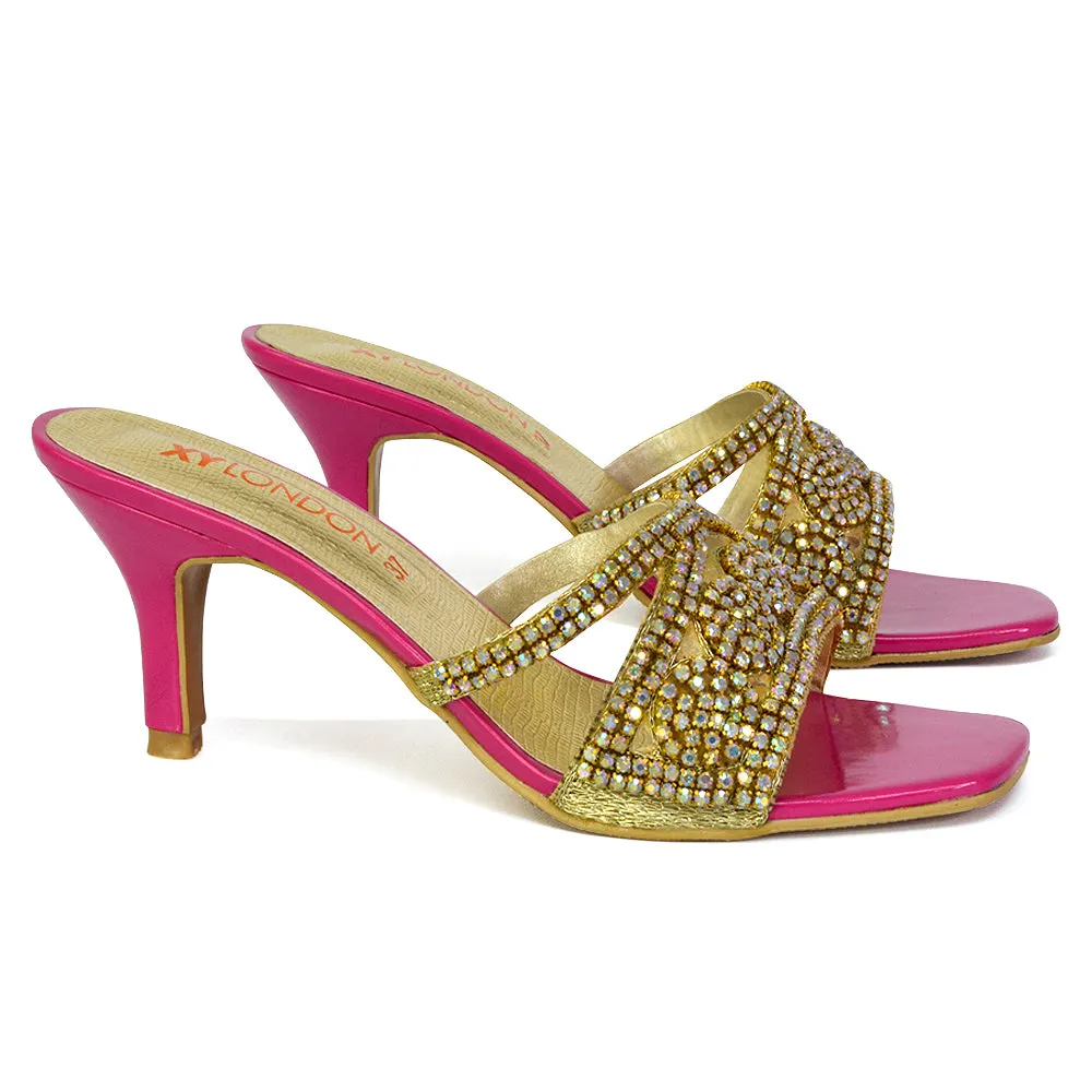 Dominica Diamante Low Kitten High Heel Stiletto Heeled Mule Sandals in Gold