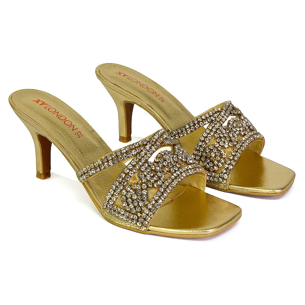 Dominica Diamante Low Kitten High Heel Stiletto Heeled Mule Sandals in Gold