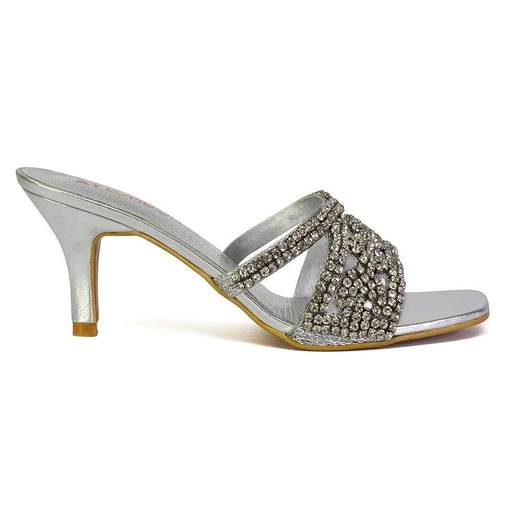 Dominica Diamante Low Kitten High Heel Stiletto Heeled Mule Sandals in Gold