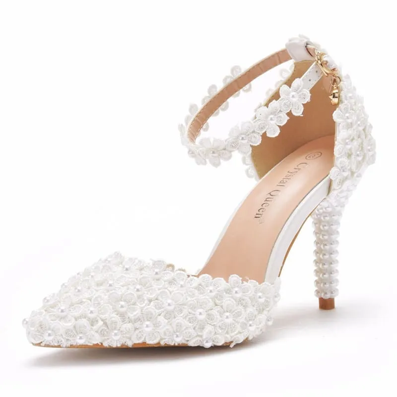 Elegant White Pointed Toe High Stiletto Wedding Shoes with Pearls