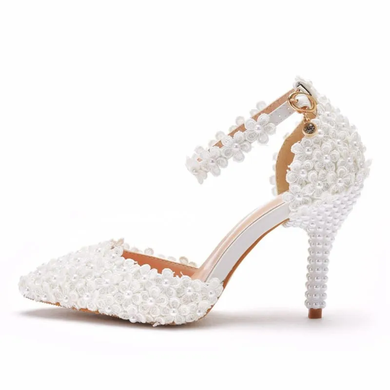 Elegant White Pointed Toe High Stiletto Wedding Shoes with Pearls