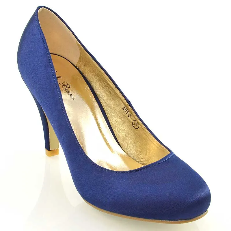 ELISABETH MID STILETTO HIGH WEDDING HEELS SLIP ON BRIDAL COURT SHOES IN NAVY SATIN