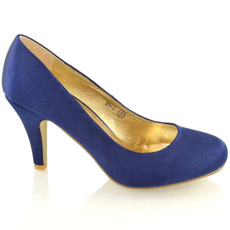 ELISABETH MID STILETTO HIGH WEDDING HEELS SLIP ON BRIDAL COURT SHOES IN NAVY SATIN