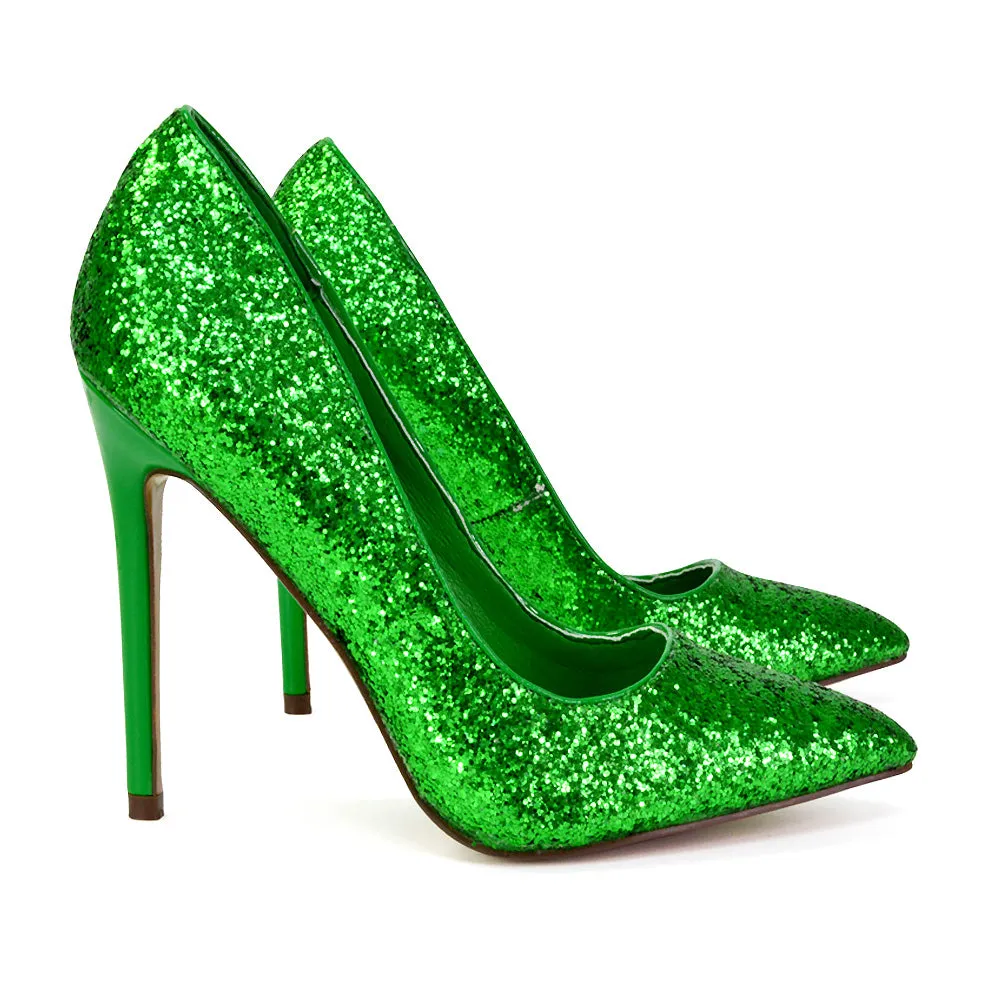 Emerald Pointed Toe Court Shoes Glitter Stiletto High Heels in Orange