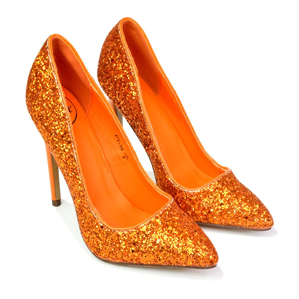 Emerald Pointed Toe Court Shoes Glitter Stiletto High Heels in Orange